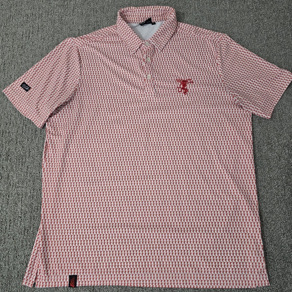 Sunday Swagger Shirt Mens L Red Fireball Whiskey AOP Print Golf Polo Stretch